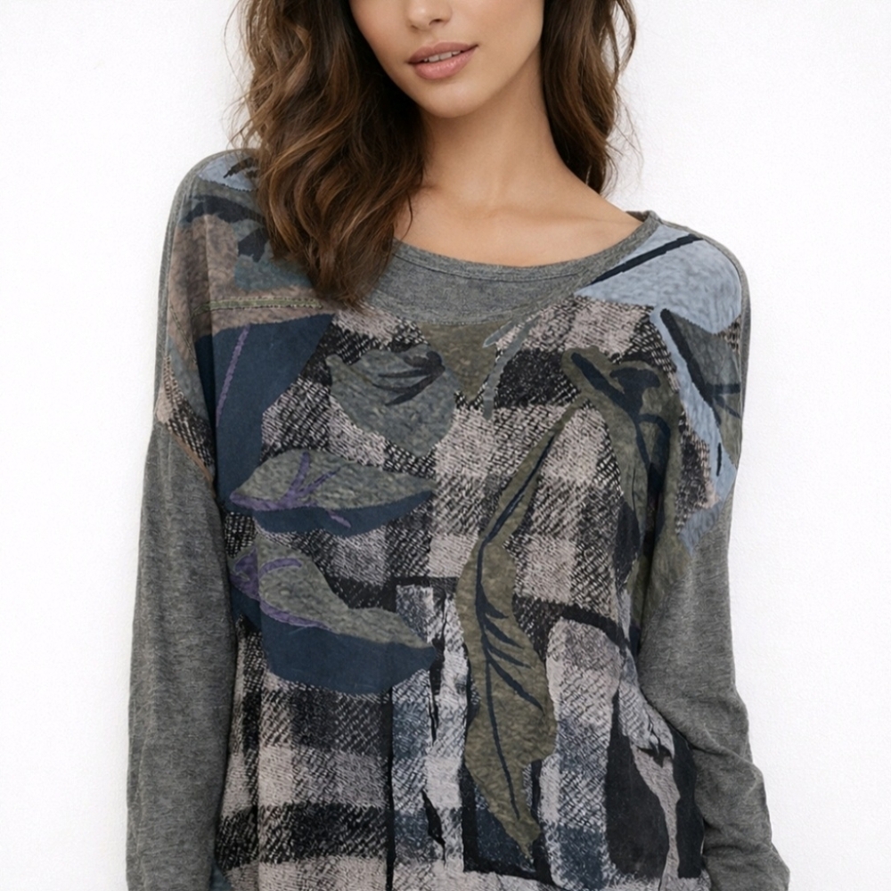 Luisa Cerano Blouse 100% Silk Gray Abstract Print Size 10